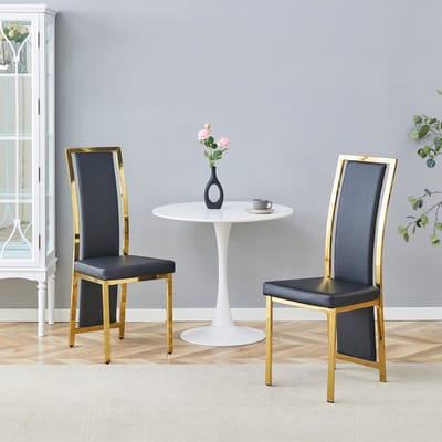 MODFU - Eetkamerstoelen Set Van 2 - Hoge Rugleuning - Minimalistisch - Voor Eetkamer Of Kantoor - Metaal En Kunstleer - Zwart En Goud