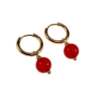 ∅14mm x 2mm Oorringen Dames - Verguld RVS - Oorbellen met Rode Carneool Agaat Steen Hanger