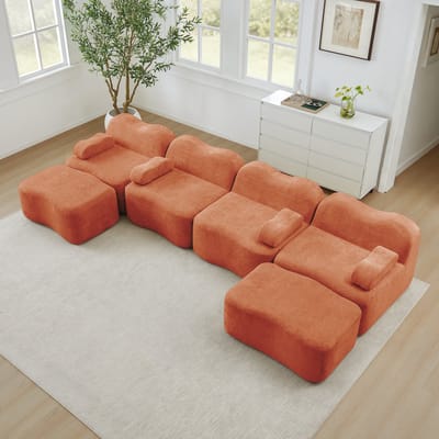MODENUIT Hoekbank - 4-Zits Modulaire U-Vorm Met 2 Hockers - Voor Woonkamer En Appartement - Fluweel Oranje