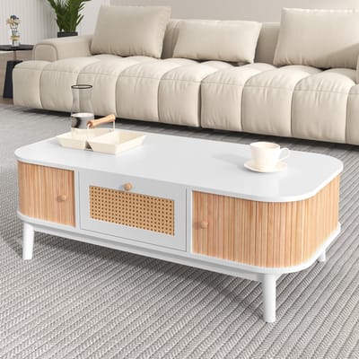 REDOM Salontafel 110x55x38,5 cm van MDF en massief hout, met rattan accenten en schuifdeuren