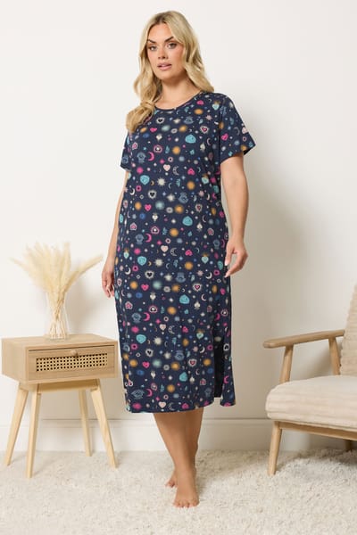 Yours Marineblauw Midaxinachthemd Met Sterrenprint Size 40-42