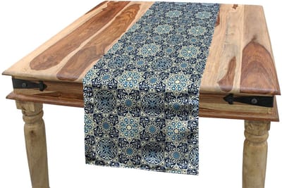 ABAKUHAUS Bloemen-tafelloper – 40×180 cm – donkerblauw crème – wasbaar