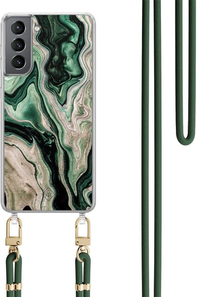 Casimoda® hoesje met groen koord - Geschikt voor Samsung S21 Plus - Groen marmer / Marble - Afneembaar koord - TPU/polycarbonaat - Groen