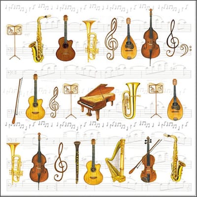 Tafel diner/lunch servetten - 33 x 33 cm - 20x - muziek instrumenten print