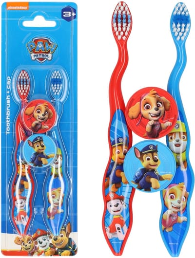PAW Patrol Tandenborstel met Beschermkap 2 Stuks - Tandverzorging voor Peuter en Kind - Vanaf 3 Jaar - Rood en Blauw