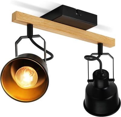 Glitzerlife - Plafondspot Plafondlamp - 2xE14 fitting - Opbouwspots - 350° draaibaar en 90° kantelbaar - Industriële houtnerf ijzer - Ø10cm - Zwart