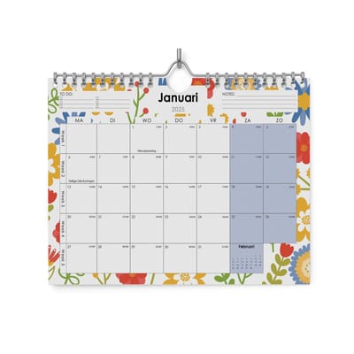 Kalender 2025 - Bloemen - 45x32cm (A4+) - Inclusief 48 morandi stickers - 300gramsgewicht ecopapier