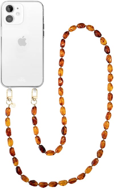 xoxo Wildhearts telefoonhoesje geschikt voor iPhone 11 - Honey Flame (lang koord) - siliconen hoesje met koord - Backcover met telefoonkoord - Telefoonhanger stenen ketting - Bruin / Oranje