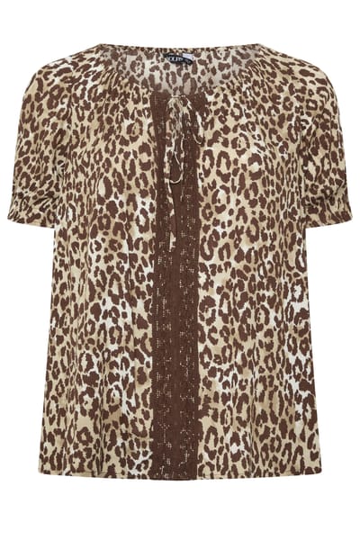 Yours Bruine Gehaakte Top Met Luipaardprint En Strik Aan De Voorkant Size 42