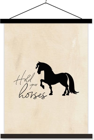 Posterhanger incl. Poster 60x80 cm - Schoolplaat - Paarden - Quotes - Hold your horses - Spreuken - Textielposter - Zwarte latten