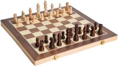 Schaakset Houten - Magnetisch Bord - Intelligentie Stimuleren - Opvouwbaar Met Opbergruimte - 29.5 x 29.5cm - Bruin Beige