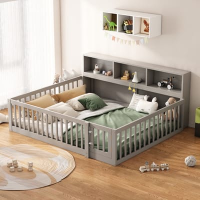 STILVORA Daybed 140x200 cm – Bedbank Met Lattenbodem – Openklapbaar Veiligheidshek – Zijvakken Opbergruimte – Modern Hout – Zonder matras – Grijs
