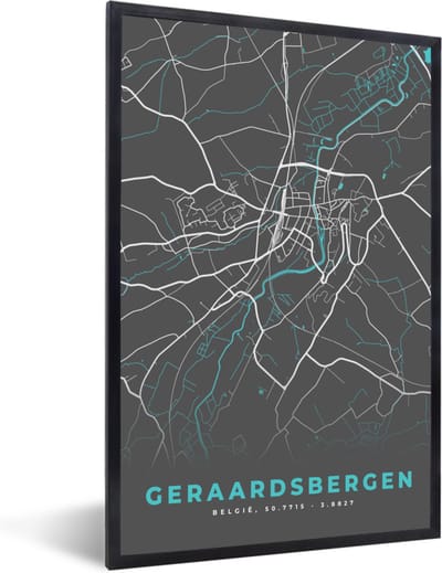 Fotolijst incl. Poster - Plattegrond – Geraardsbergen – Blauw – Stadskaart - Kaart - België - 40x60 cm - Posterlijst