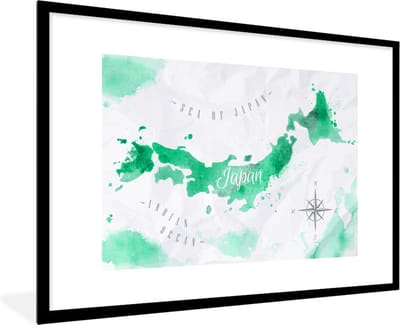 Poster in lijst - Fotolijst 120x80 cm - Posters - Wereldkaart - Groen - Windroos - Posterlijst zwart - Decoratie - Wanddecoratie woonkamer - Muurdecoratie slaapkamer