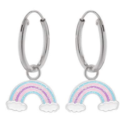 Zilveren kinderoorbellen - Regenboog oorringen met hanger