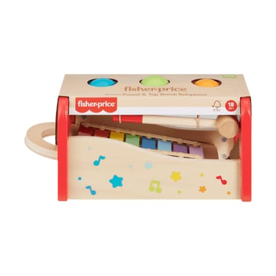 Fisher-Price houten xylophone speelgoed met hamerbank voor kinderen.