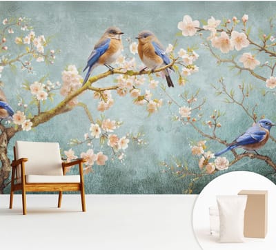 Wallfluent Behang - Lente vogels Vliesbehang - 312x219 cm - Blauw Behang - Voor natuurliefhebbers - Behang Voor de slaapkamer, woonkamer en kantoor - Wandbekleding Bloemen en planten