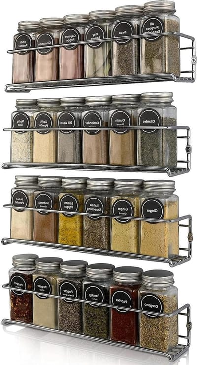 Kruidenrek Wandhouder van Metaal - 4 Stuks Hangend voor 24 Glazen - Montagemateriaal Incl. - Zilver wood wall spice rack