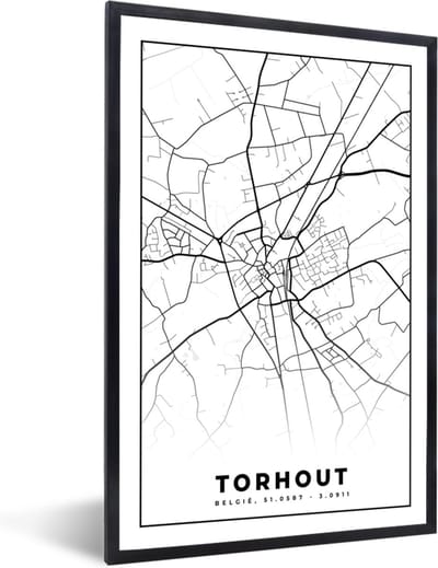 Fotolijst incl. Poster Zwart Wit- België – Torhout – Stadskaart – Kaart – Zwart Wit – Plattegrond - 40x60 cm - Posterlijst