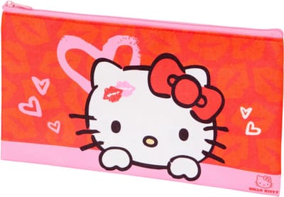 Sanrio Hello Kitty - etui canvas xl - 14 x 25 cm - kusje en hartjes - poes - rood roze - tasje met rits - pennenzak