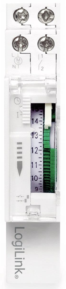 LogiLink ET0009 ET0009-DIN-RAIL timer met mechanische timer voor het eenvoudig schakelen van bijv. neonlampen, boilers, lantaarns, irrigatiesystemen, etc, IP20 bescherming
