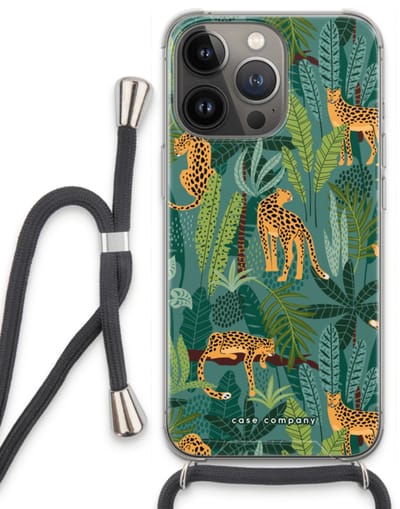 Case Company® - Hoesje met koord geschikt voor iPhone 13 Pro hoesje met Koord - Luipaard 2 - Telefoonhoesje met Zwart Koord - Bescherming aan alle Kanten en Over de Schermrand