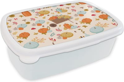 Broodtrommel Wit - Lunchbox - Brooddoos - Pompoen - Paddelstoelen - Bloemen - Patronen - 18x12x6 cm - Volwassenen