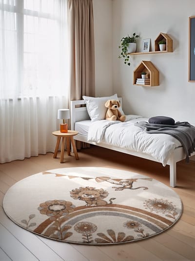 Villeroy & Boch Rond Kindervloerkleed Lion - Creme / Kleurrijk - Laagpolig Vloerkleed Kinderkamer - Ø 160 cm rond