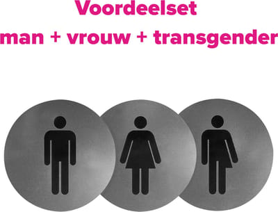 Wc bordjes – Voordeelset van 3 - Man - Vrouw – Genderneutraal - Rond – RVS met Zwart – 10 x 10 cm - Toilet bordje – Deurbord – Zelfklevend
