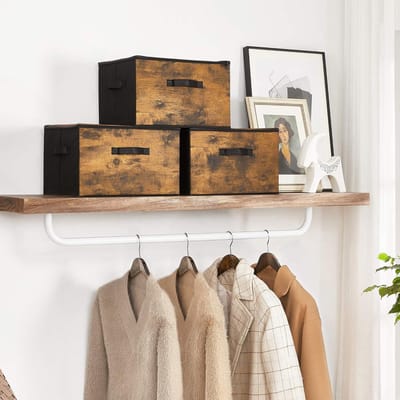 Famanu opbergdozen met deksel, set van 3, opvouwbare stoffen dozen, voor kleding en speelgoed, 40 x 30 x 25 cm, niet-geweven stof, vintage bruinzwart