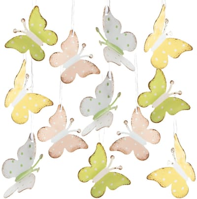 Dailygoods- Vlinder Hanger 12 Stuks - Metalen Decoratie - Roze/Geel/Groen - Lenteversiering - Cadeauhanger - 4,5 cm groot - Decoratiehangers