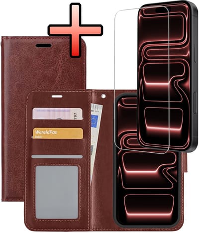 Hoesje - Met Screenprotector - Geschikt voor Apple iPhone 17 Pro - Luxe Pasjeshouder - Bookcase Portemonee - Flip Case - Kunstleer Book Case - Flipcase - Book Cover - Walletcase - Portemonneehoes - Bruin