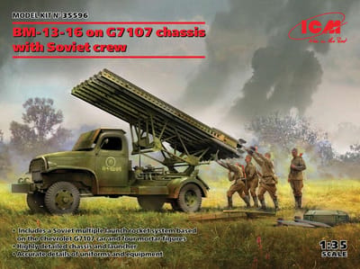 ICM Modelbouwpakket Militaire voertuigen - 35596 BM-13-16 on G7107 Chassis w/Soviet Crew Plastic - 1:35 - Modelbouw