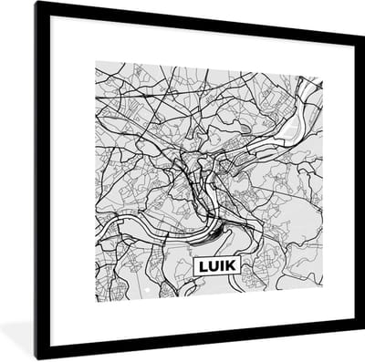 Fotolijst incl. Poster Zwart Wit- Stadskaart – Plattegrond – België – Zwart Wit – Luik – Kaart - 40x40 cm - Posterlijst