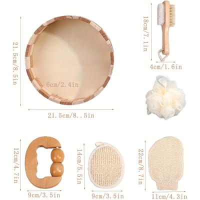 1 set/6 stuks Mooie Bad Familie Emmer Set, Ontspannende Spa Cadeaumand Set, Badbloem Badhandschoenen Luffa Schijf Dubbele Bal Massager Rond 1set/6pcs