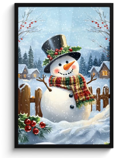 Poster in lijst - Fotolijst 60x90 cm - Posters - Sneeuwpop - Winterdorp - Kleurrijk - Posterlijst zwart - Decoratie - Wanddecoratie woonkamer - Muurdecoratie slaapkamer