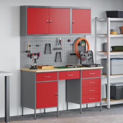 vidaXL - Werk - Cabinet - met - lade - 8 - st - Rood - Engineered - hout - en - staal