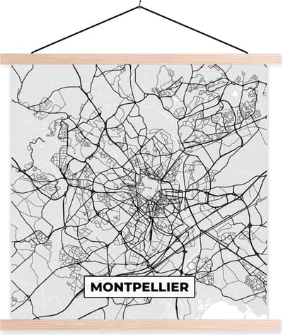 Posterhanger incl. Poster 40x40 cm - Schoolplaat - Kaart - Stadskaart - Frankrijk - Montpellier - Plattegrond - Textielposter - Blanke latten - Stadskaart