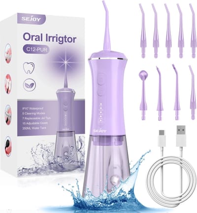 Waterflosser - Flosapparaat - Waterdicht - 7 Opzetstukken - Watertank 350ML - Elektrisch Flosapparaat - Draadloos - Paars