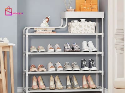 Schoenenrek 5 Lagen Wit – Metalen Schoenenkast Organizer met Stoffen Planken – schoenenkast – schoenenrek metaal – schoenen rek – 73019 - 80666