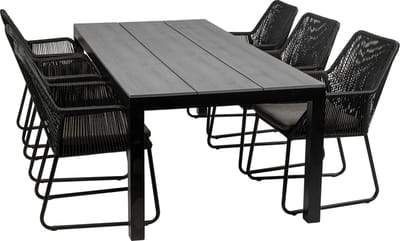 7-delige tuinset | 6 Mona tuinstoelen (Black) | 225cm Cyprus tuintafel (Grey)