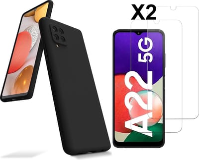 Hoesje Geschikt Voor Samsung Galaxy A22 5G Hoesje siliconen Zwart zacht siliconen hoesje TPU backcover - Met Screenprotector - 2 stuks
