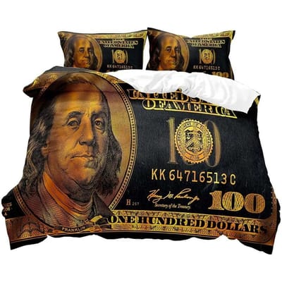 Luxe Geld Dekbedovertrek, Zwarte Beddengoedset, Dollarbiljet Dekbedovertrek, Slaapkamerdecoratie voor Mannen, 2 Kussenslopen 3 Stuks US Twin 172x218cm