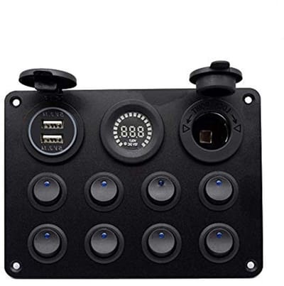 Paneel met schakelaars, 12 - 24V, 8 uitgangen, dubbele USB-aansluiting, 12V LED voltmeter, ideaal voor auto, boot, camper en vrachtwagen