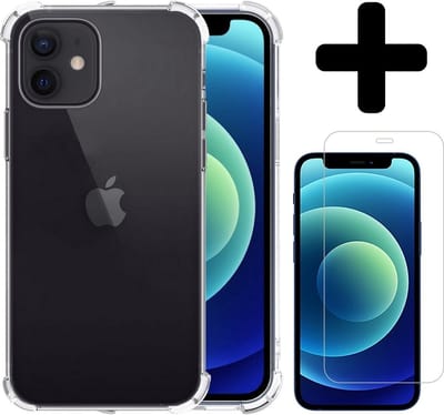 Hoesje - Met Screenprotector - Geschikt voor Apple iPhone 12 Mini - Sterk & Shockproof - Siliconen Case - Back Cover - Telefoon Hoes - Shock Proof - Telefoonhoesjes - Transparant