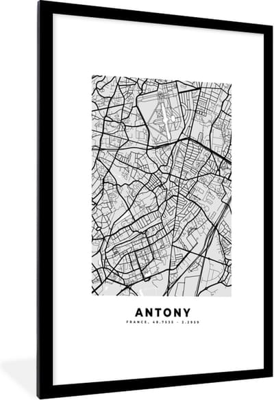 Fotolijst incl. Poster - Plattegrond - Kaart - Stadskaart - Frankrijk - Antony - 60x90 cm - Posterlijst