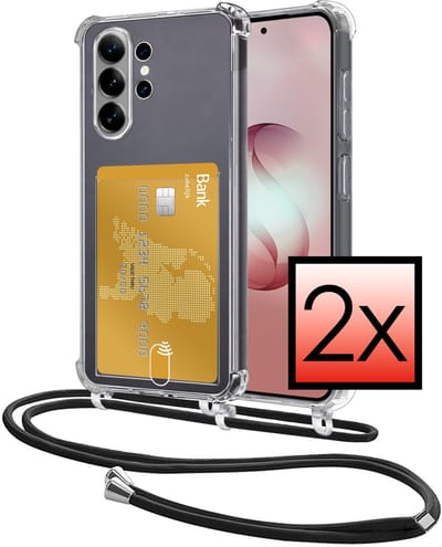 Hoes Geschikt voor Samsung Galaxy S26 Ultra Hoesje Pasjeshouder Cover Met Koord Shock Proof Case Siliconen Hoes Met Telefoonkoord en Kaarthouder - Transparant - 2 PACK