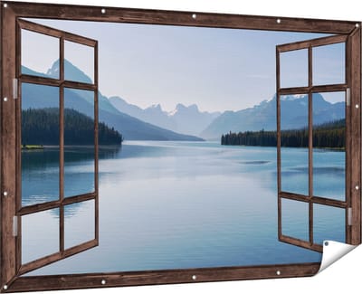Gards Tuinposter Doorkijk Meer bij de Bergen in Alberta, Canada - 180x120 cm - Tuindoek - Tuindecoratie - Wanddecoratie buiten - Tuinschilderij