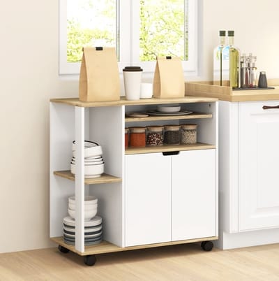 MEUNIQ Keukenwagen met opbergruimte 80 x 40 x 82 cm, servieswagen met dubbeldeurs kast, verstelbare plank, open vakken en 4 wielen voor keuken of eetkamer