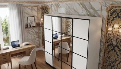 Kledingkast met Spiegel Casa Velluto Eden Lux – Grote 4-Deurs Schuifdeurkast voor Slaapkamer en Hal – Garderobekast met Laden, Planken en Kledingroede – 206,4x205x39 cm – Wit – Push-to-Open